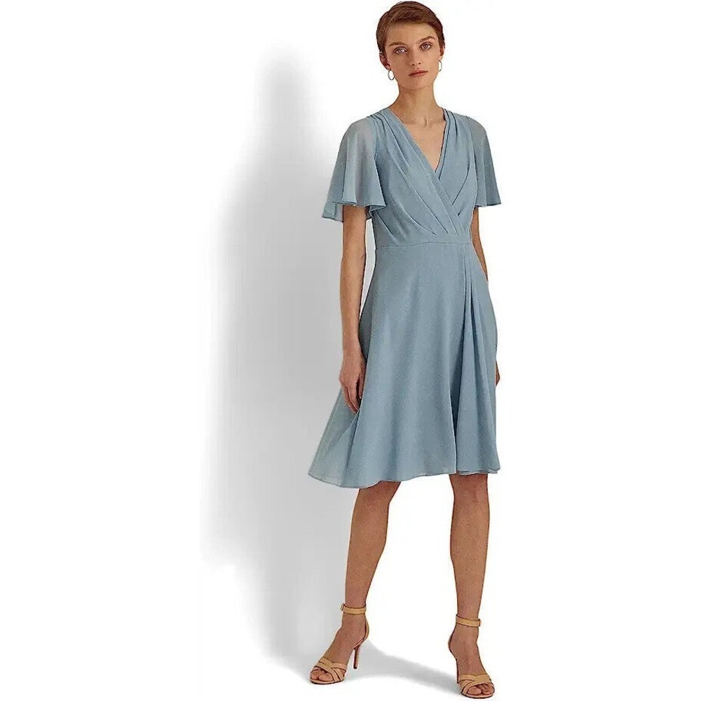 LAUREN Ralph Lauren Flutter Sleeve Georgette Dress Size 12 Ashley Blue